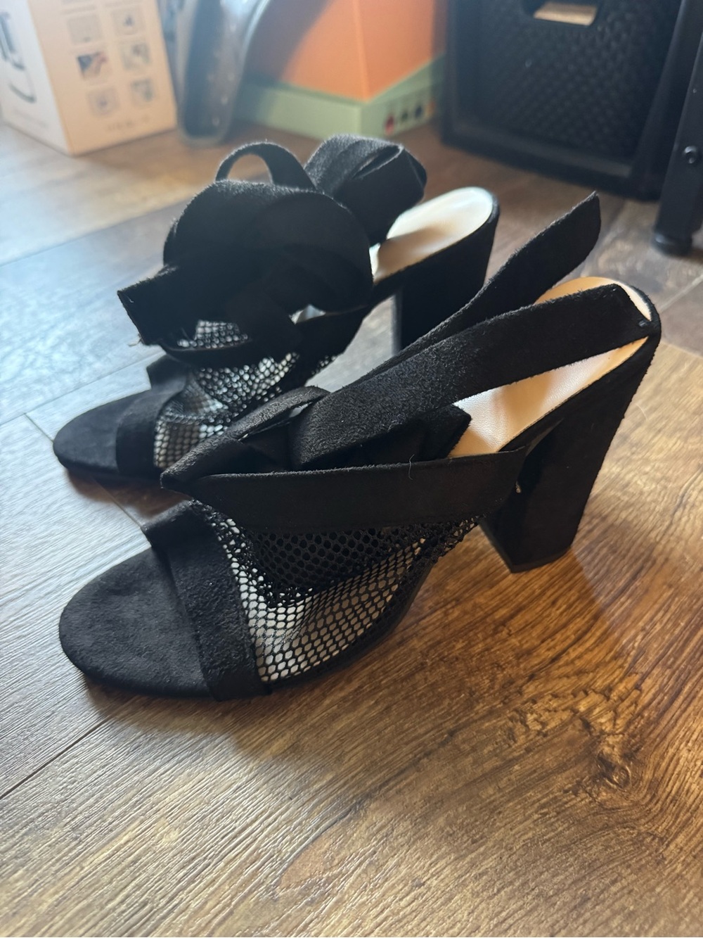 Black Mesh & Suede Block Heel Sandals - Women